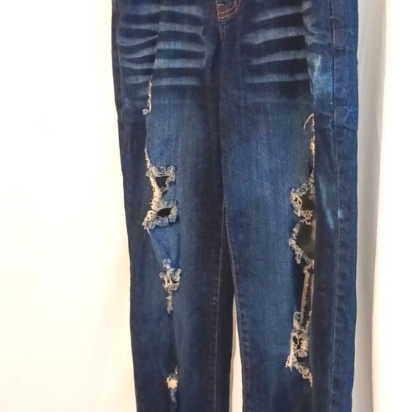 V.I.P JEANS Plus Size 14 Dark Blue Stone Washed Distress Holes Whiskering Boho - Picture 8 of 13